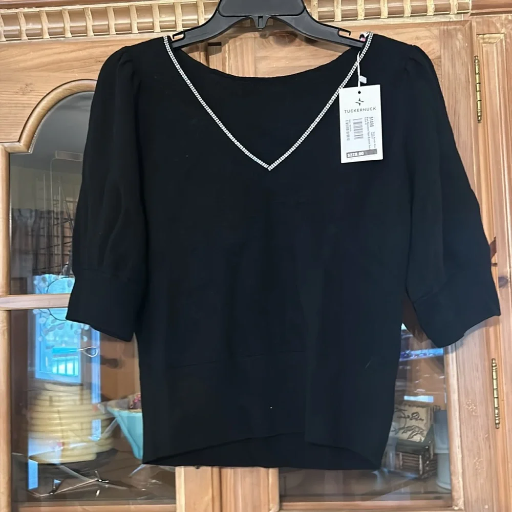 Kate Spade Black Rhinestone Edged Boatneck Sweater